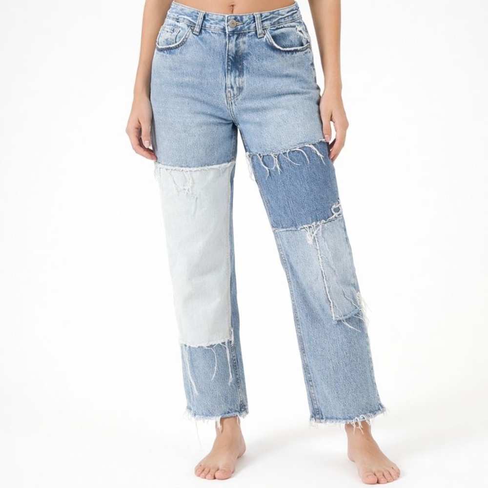 Pull & Bear Patchwork Denim Jeans Women's 6 Blue High Rise Distress Hem